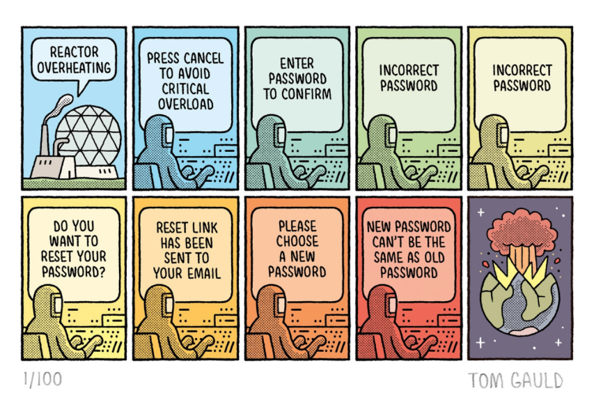 A sequence of comic panels humorously depicts a person's failed attempts to enter the correct password as a reactor threatens to overheat.