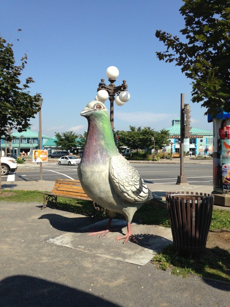 A giant pigeon statue stands on a sidewalk near a bench and a street with cars and buildings in the background.