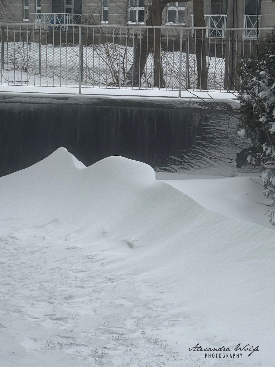 Snow is piled in drifts alongside a fence with a building in the background.