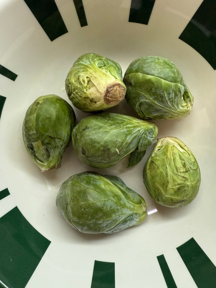 Six Brussels sprouts are placed in a white bowl with green stripes.