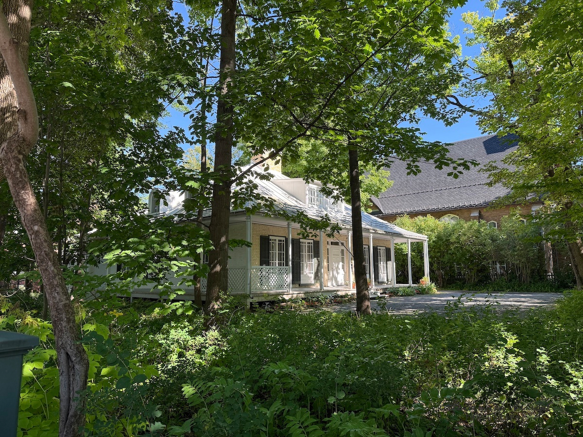 A charming white house with a porch is nestled among lush green trees and foliage under a clear blue sky.