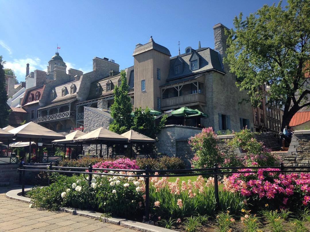 A charming stone building with outdoor umbrellas and vibrant flower beds is set against a clear blue sky.