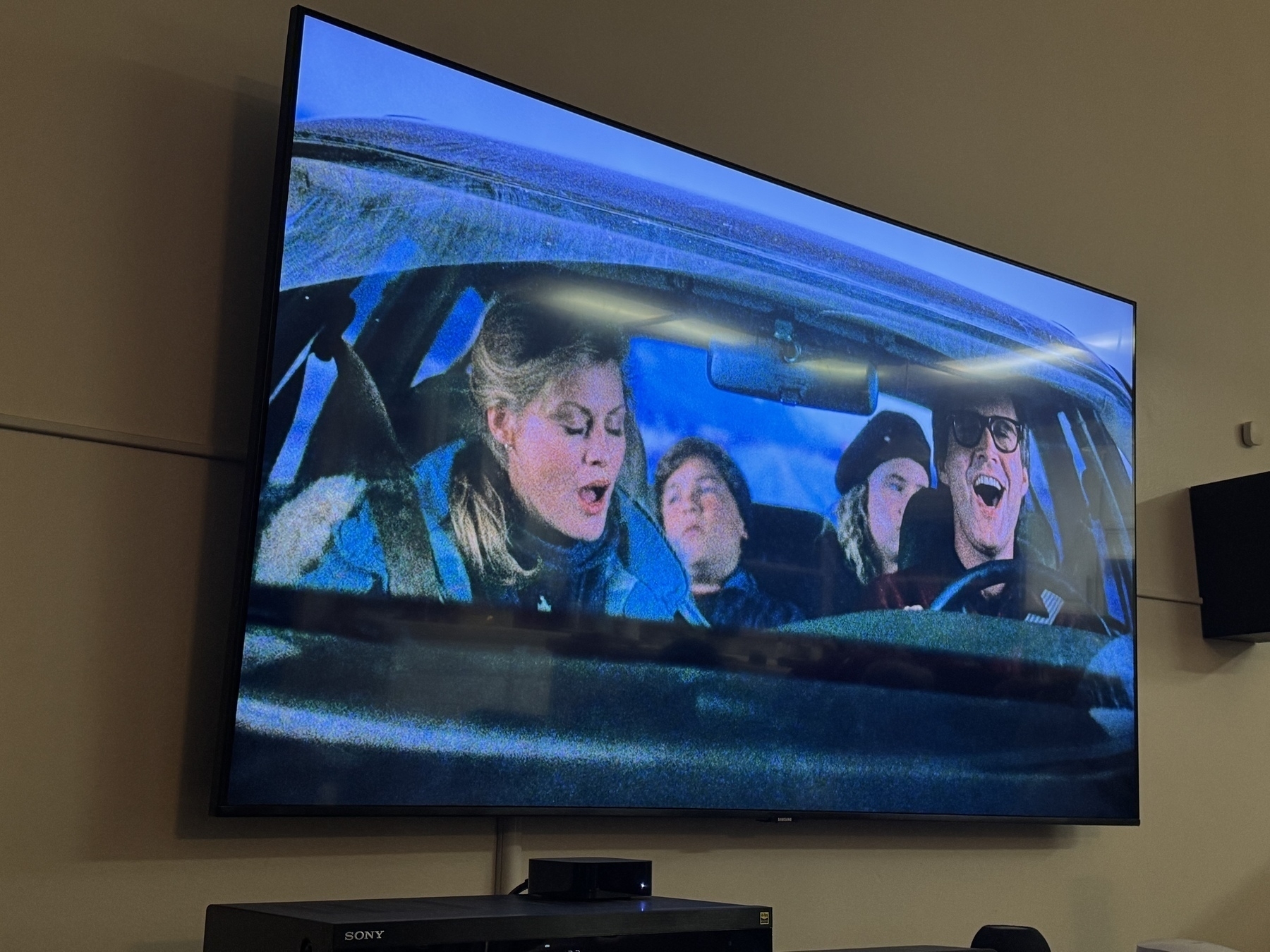 Photo of a TV showing the opening of “National Lampoon’s Christmas Vacation”.