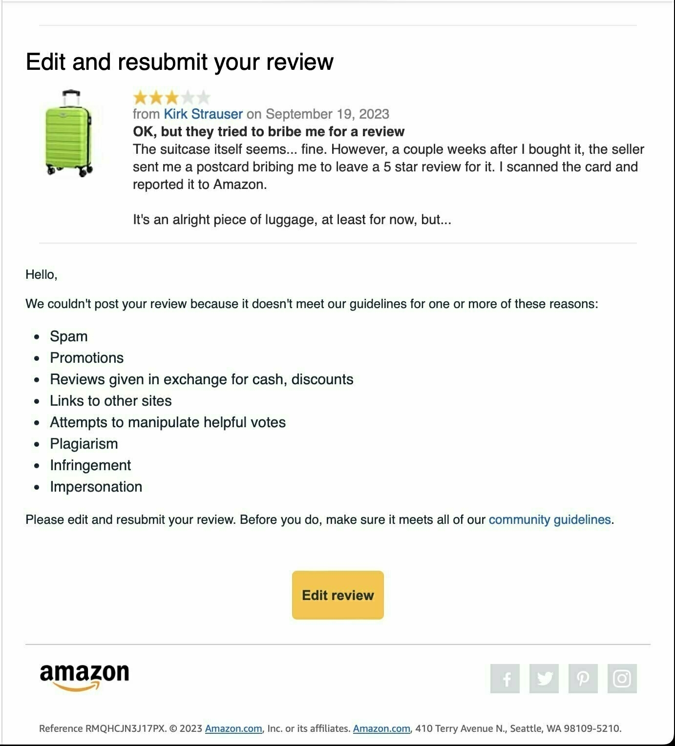 Amazon's response to my review