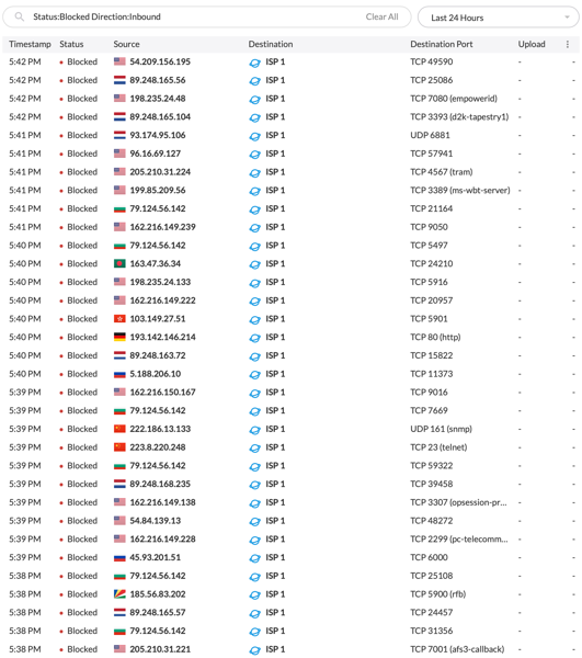 A screenshot of blocked inbound connection attempts, originating from all over the world.
