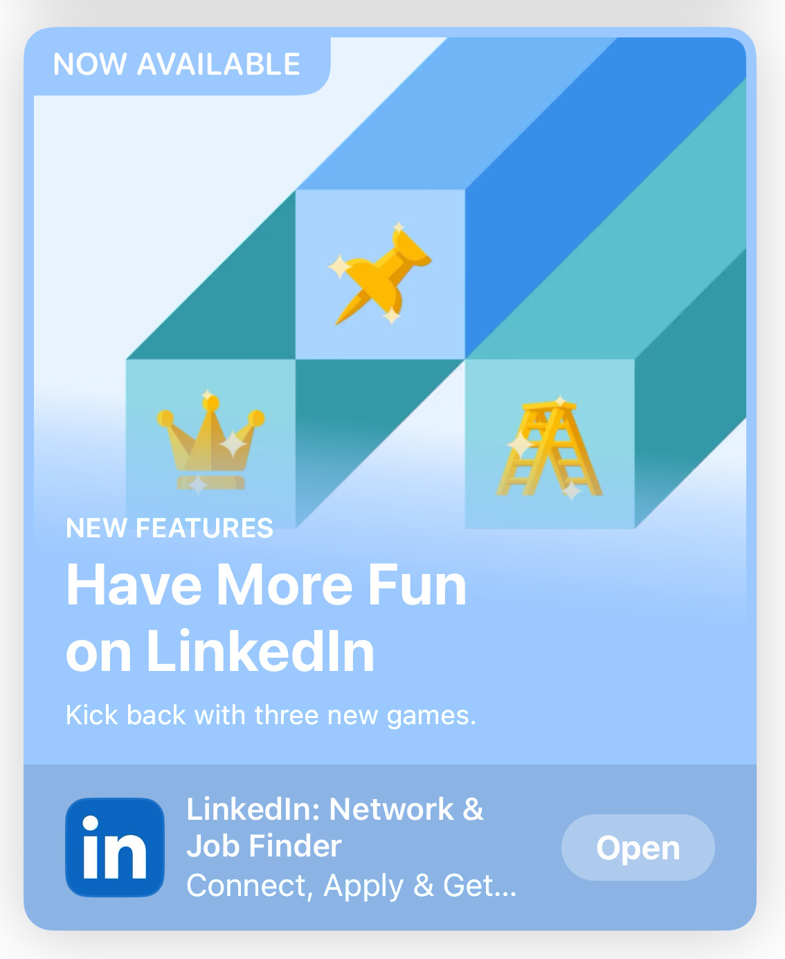 Screen shot of the iOS App Store: “Have More Fun on LinkedIn. Kick back with three new games.”