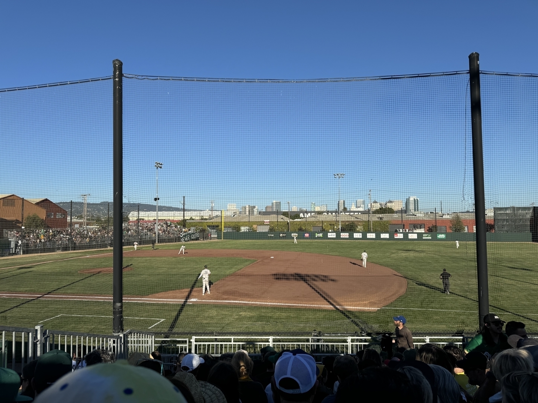 View of the B’s outfield, with downtown Oakland in the background.