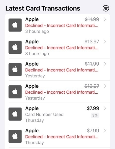 Screenshot of Apple Wallet showing a series of Apple Card transactions declined for "Incorrect Card Information".