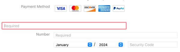 A credit card information form with unlabeled, required fields.