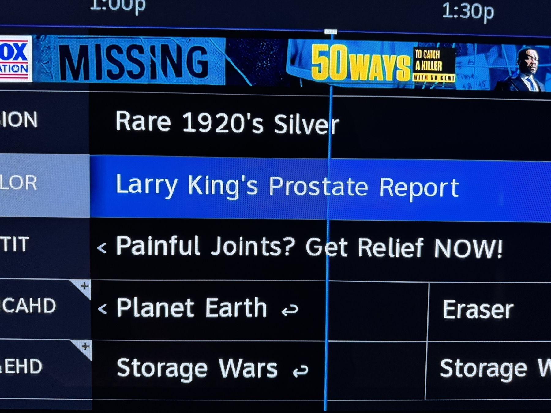 Photo of a TV guide showing “Larry King’s Prostate Report”.