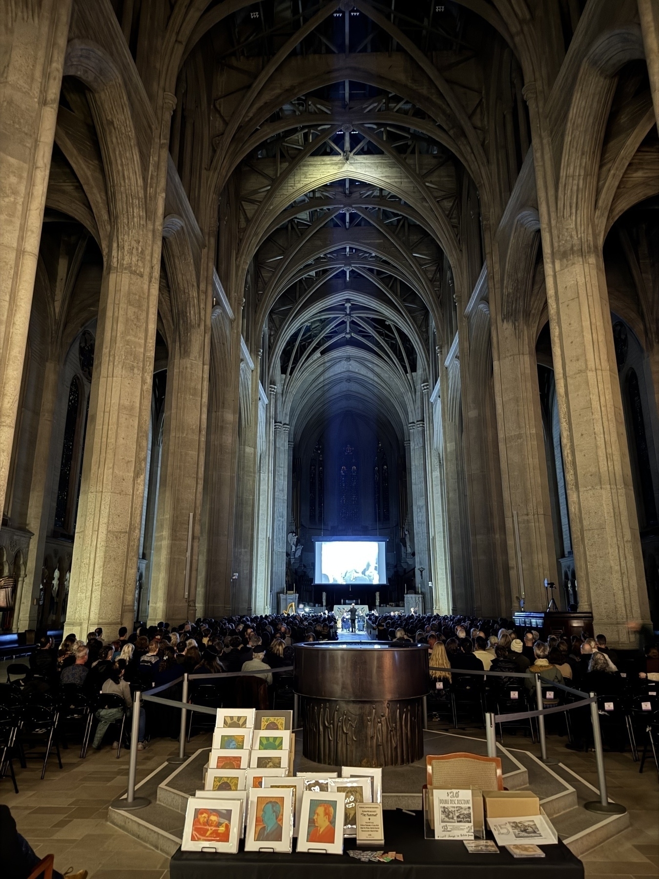 The darkened interior of Grace Cathedral, San Francisco.