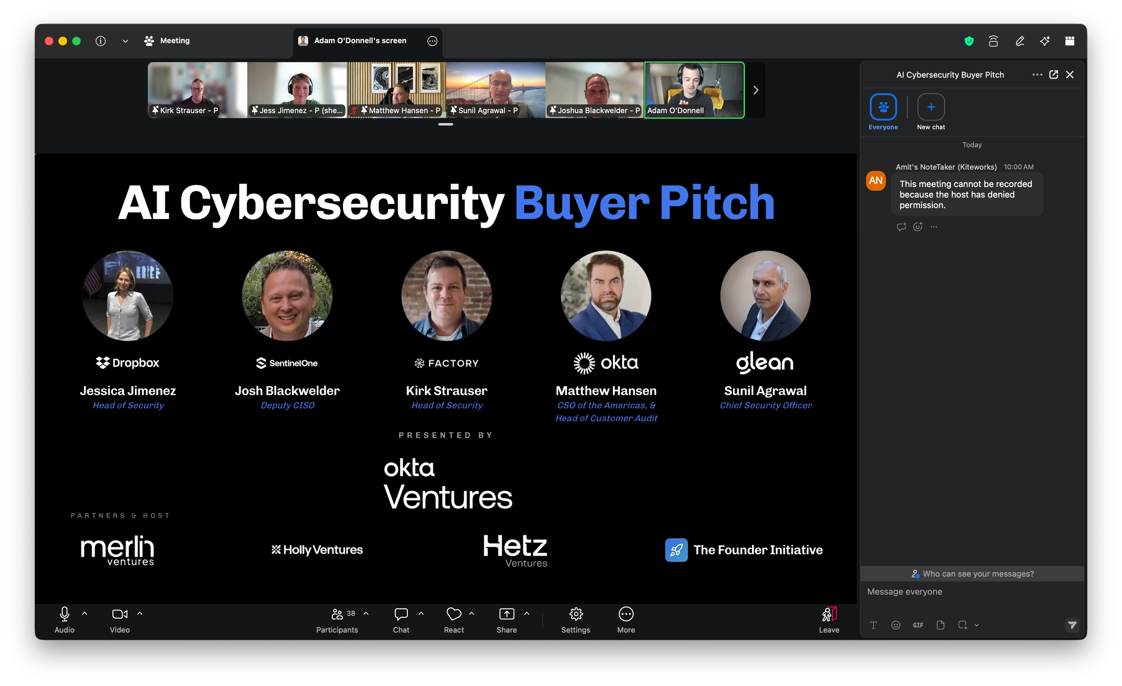 Screenshot of an “AI Cybersecurity Buyer Pitch” online event where I’m one of the “buyers” providing feedback to seed startup founders.