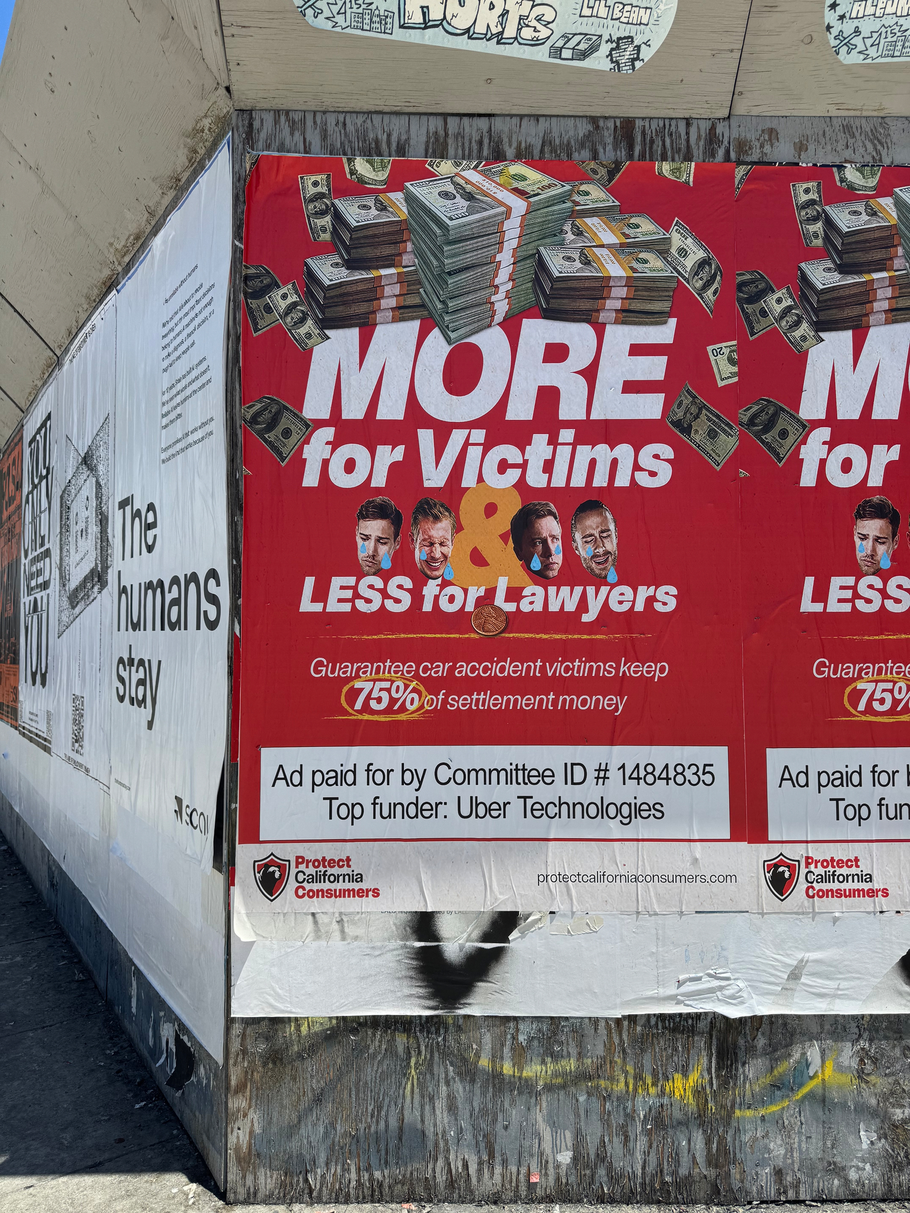 A sign claiming to protest trial lawyers getting paid, with a banner at the bottom saying that Uber is the top funder of the campaign.