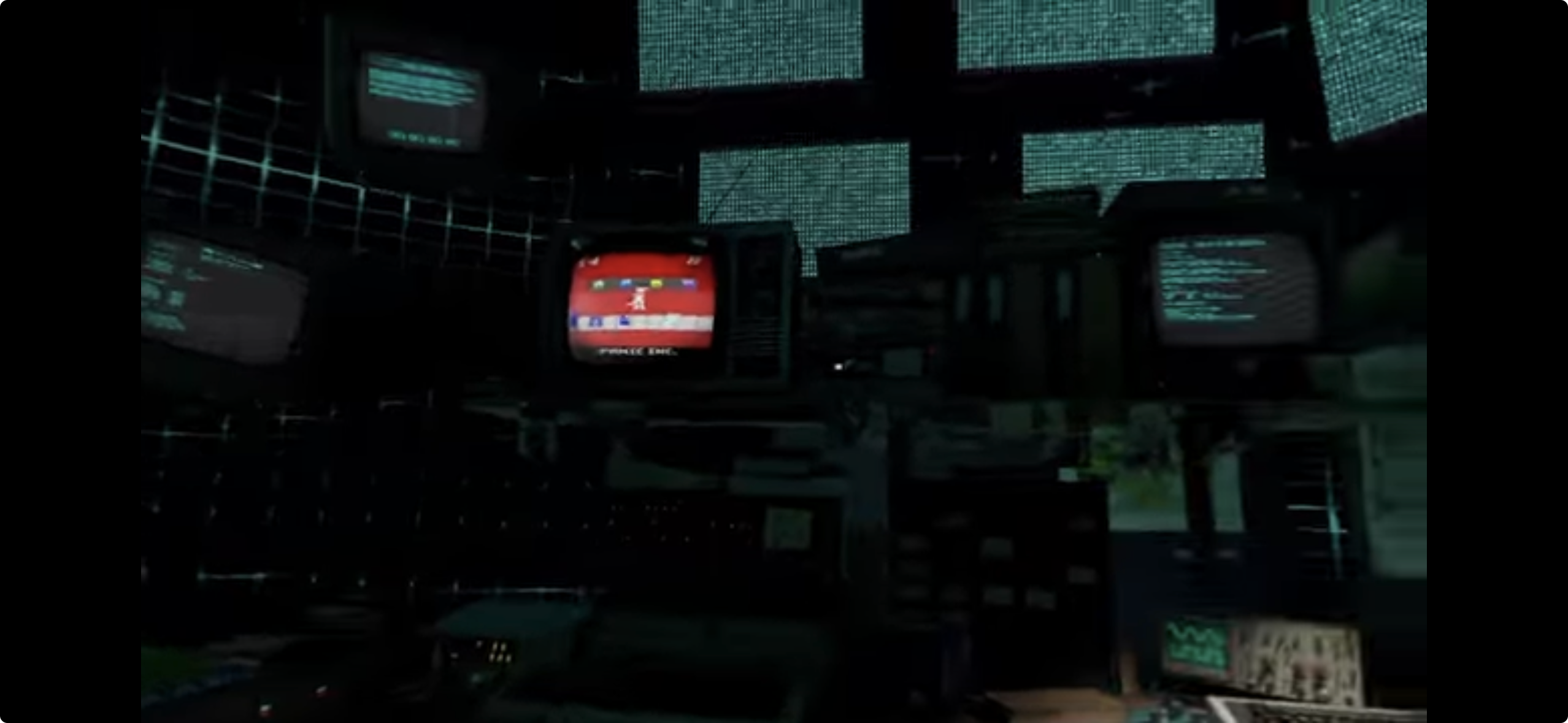 Screenshot of Panic’s new Prompt version which looks like you’re sitting inside a cyberpunky room with dozens of monitors.