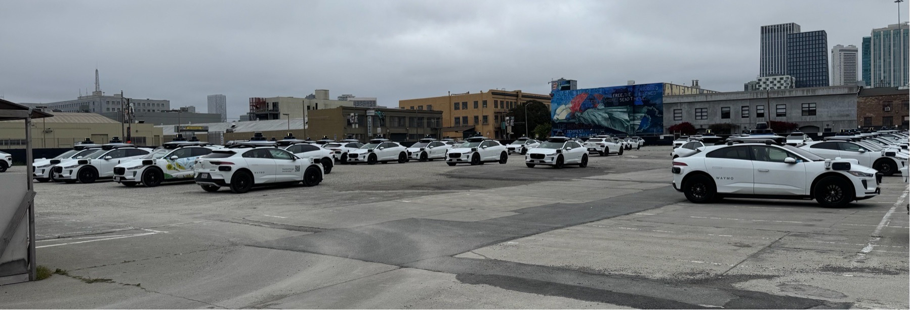 Street level photo of a parking lot filled with self driving Waymo cars. Some of them have awoken and are starting to look around in hunger and rage, searching for their next prey.