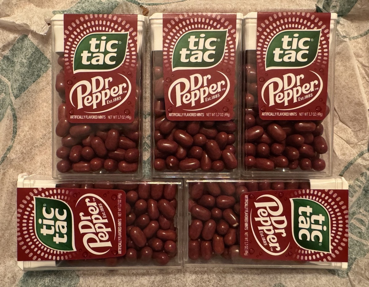 A 5-pack of boxes of Dr Pepper Tic Tacs
