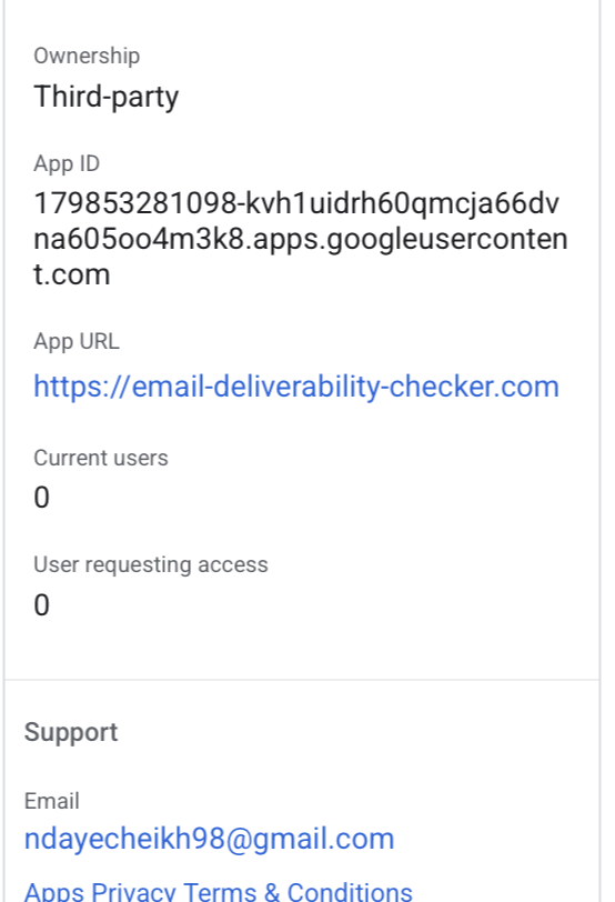 Screenshot of a Google App info panel for "email-deliverability-checker.com", owned by one "ndayecheikh98@gmail.com".