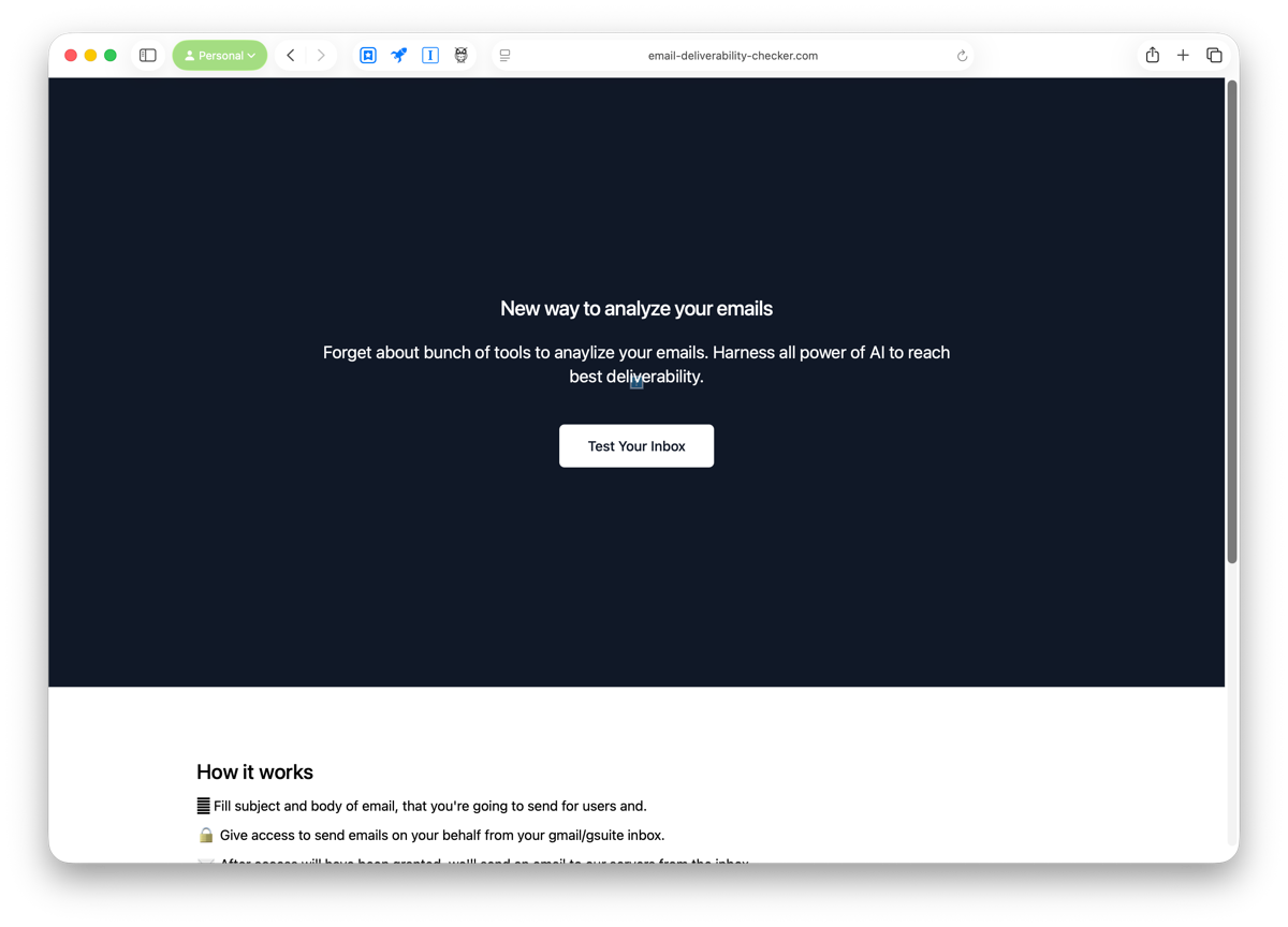 Screenshot of a blatantly scammy website: "New way to analyze your emails Forget about bunch of tools to anaylize your emails. Harness all power of AI to reach best deliverability. Test Your Inbox"