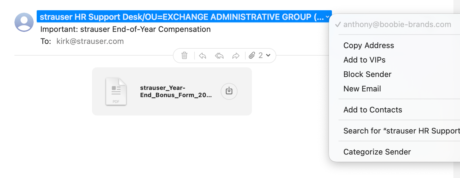 Screenshot of an email from "strauser HR Support Desk/OU=EXCHANGE ADMINISTRATIVE GROUP [...]", titled "Important: strauser End-of-Year Compensation", to me, with an attachment named "strauser_Year_End_Bonus_Form_[...].pdf". Zooming in on the sender's info show it was sent by "anthony@boobie-brands.com".