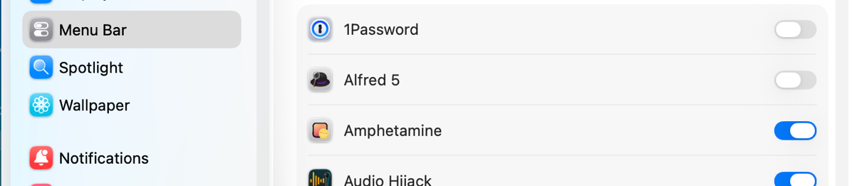 Screenshot of the new Menu Bar tab in System Settings, showing 1Password being unchecked.
