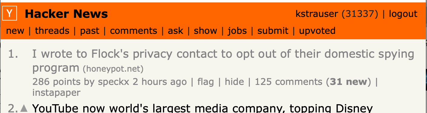 Screenshot of my previous post about Flock ignoring my CCPA request at the top of Hacker News, next to my name showing my karma as 31337
