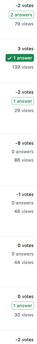 Screenshot of the "votes" column of a list of Stack Overflow questions: -2 votes, 3 votes, -2, -8, -1, 0, 0, -2