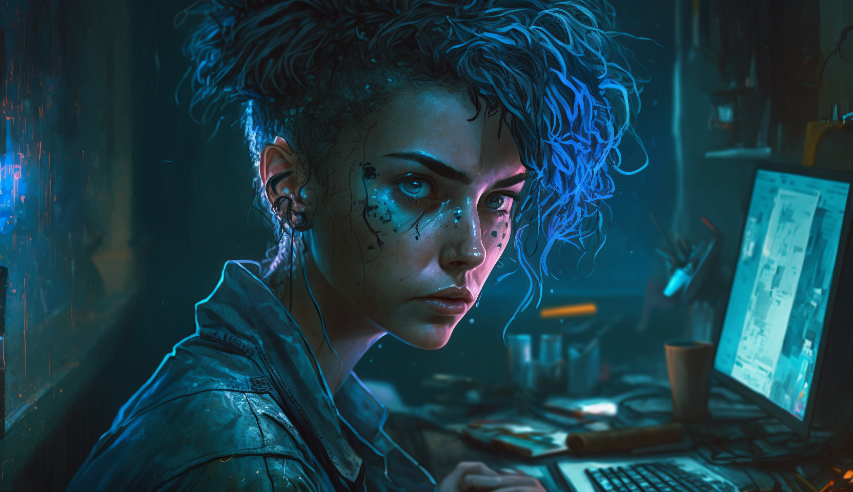 A young woman with curly blue hair sitting in the glow of a computer monitor. 