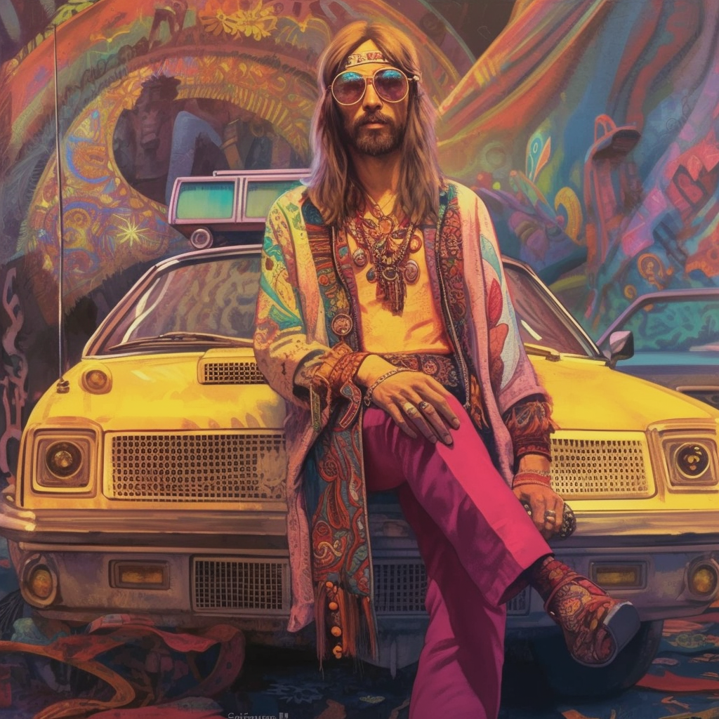 A hippie all made up with cyberpunk mods sitting on the hook of a sci-fi looking 1970s car