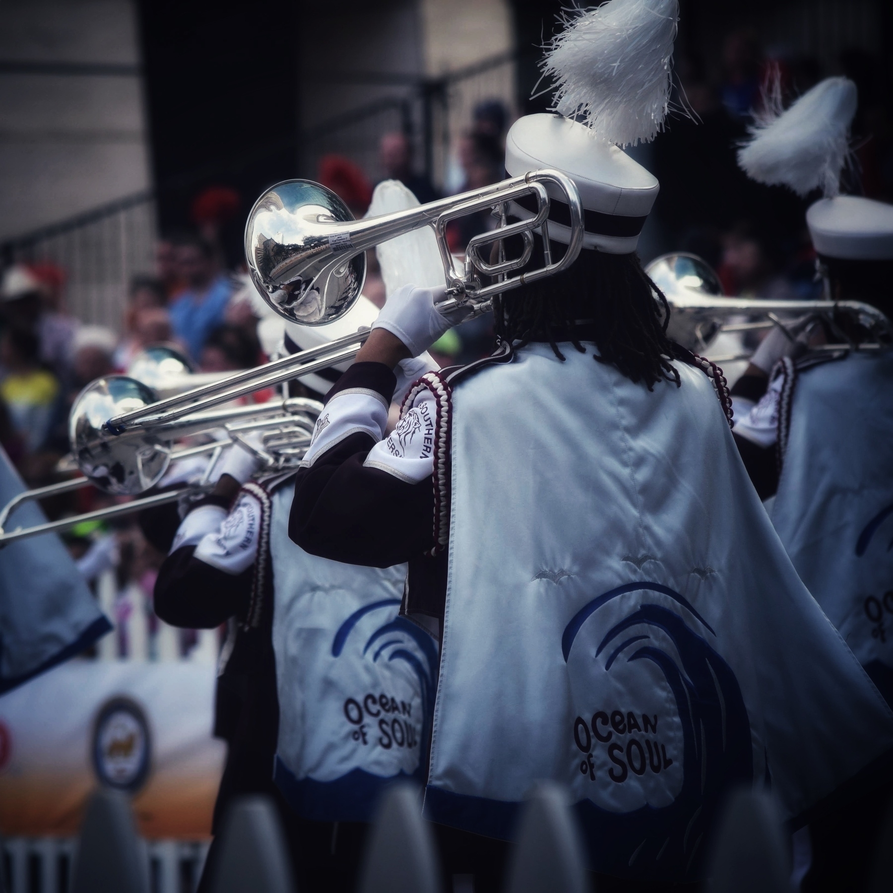 Trumpet section of a marching band . 