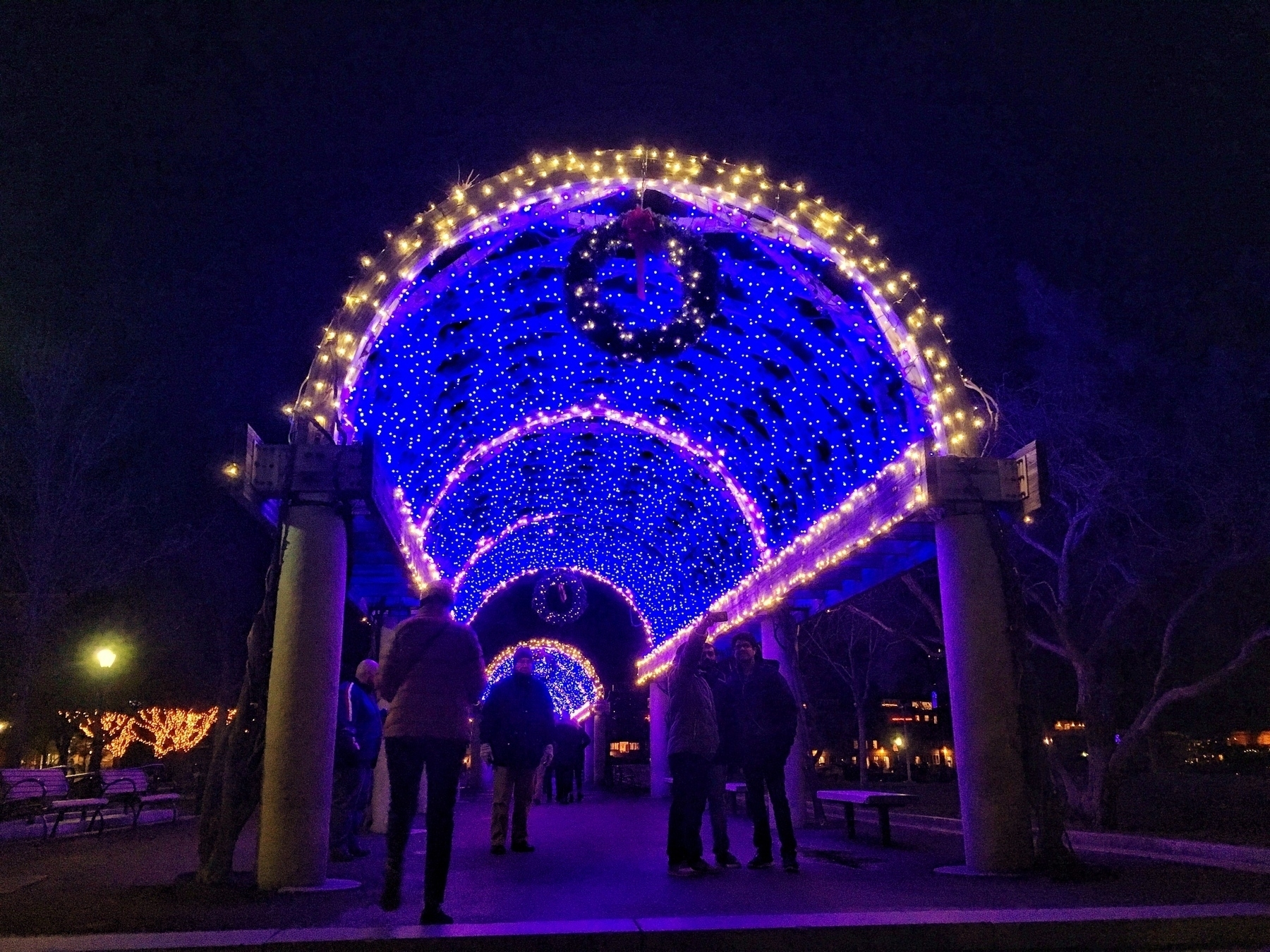 A portico covered in blue and yellow Christmas lights. 