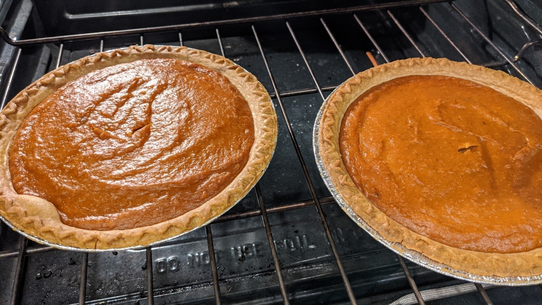 Two sweet potato pies in the oven. 