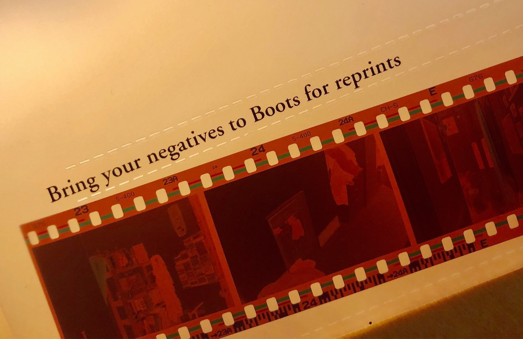 A negative packet, with promos for Boots' reprints service