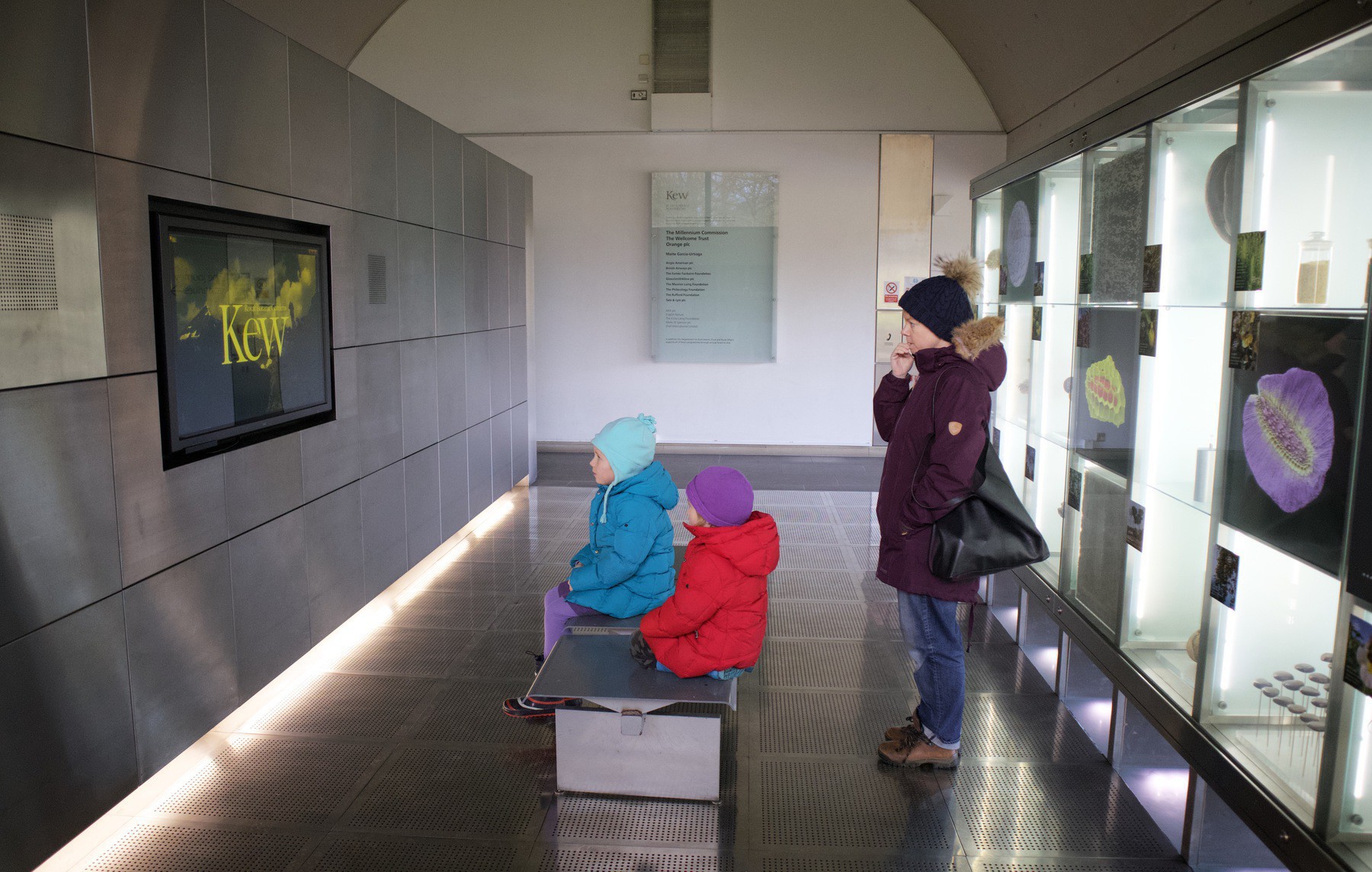 The family watching a video at the Millenium Seed Bank