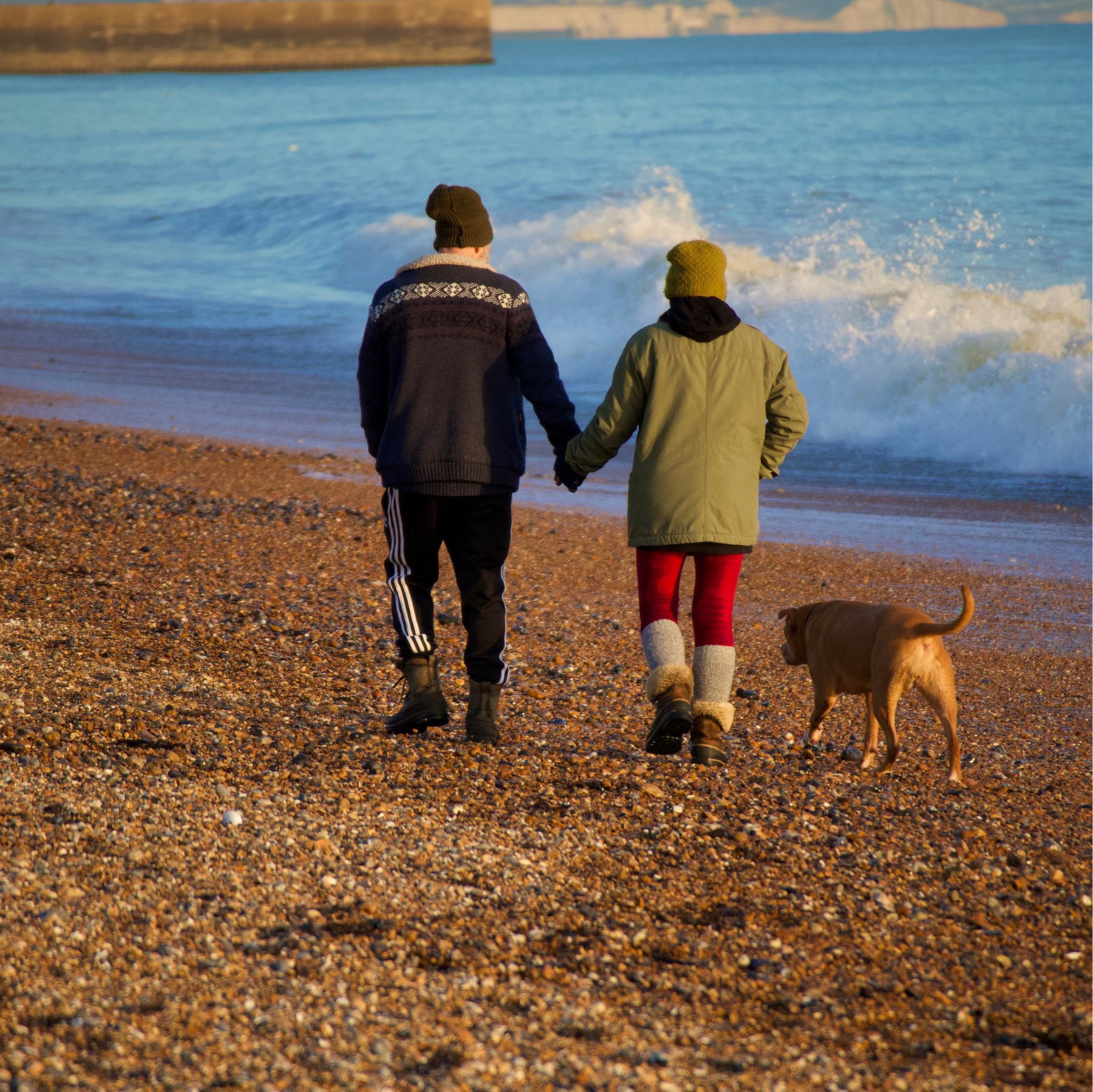 A couple walking on Shoreham Beach with their dog in the late afternoon