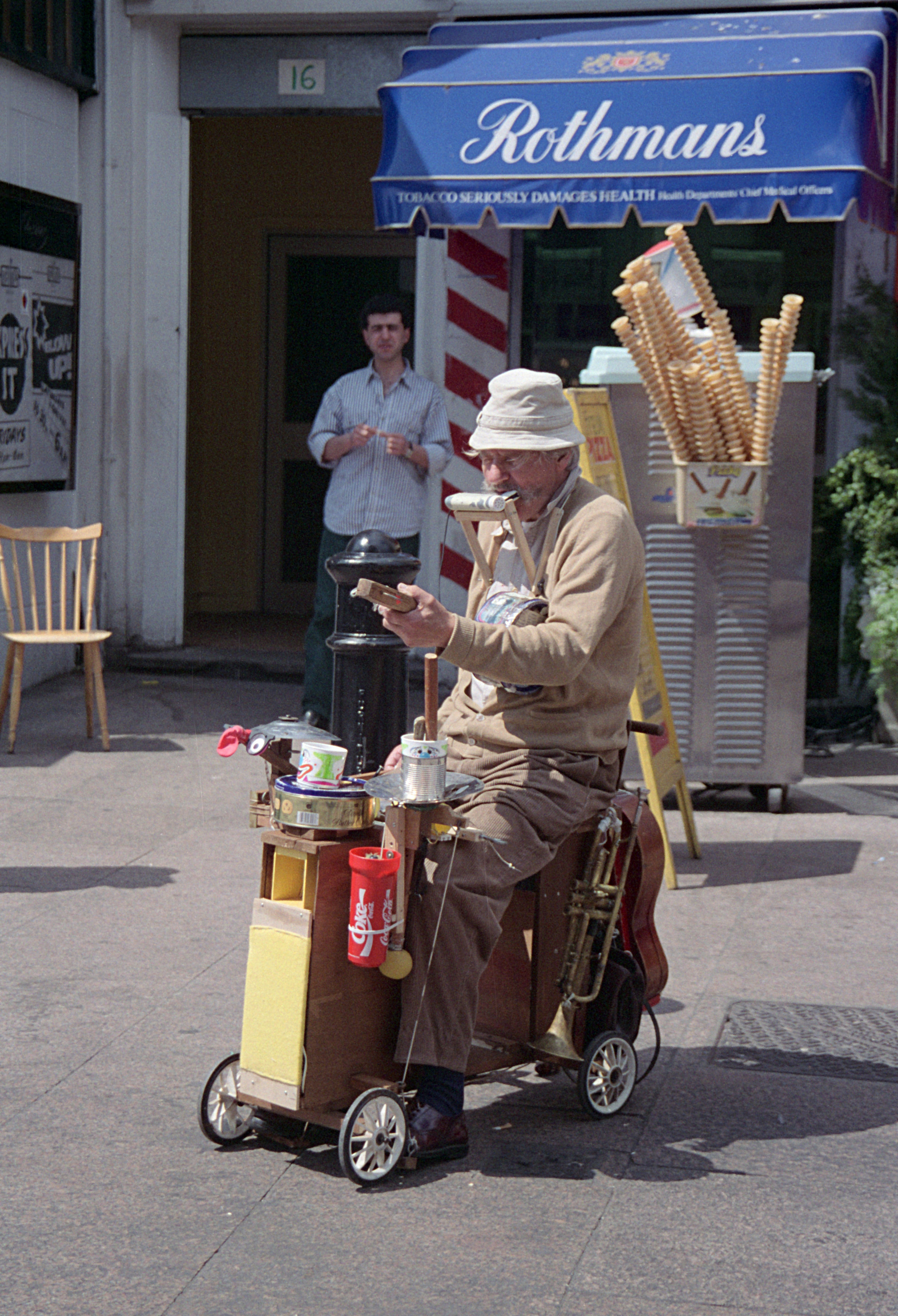 A busker in Leicester Square in 1994.