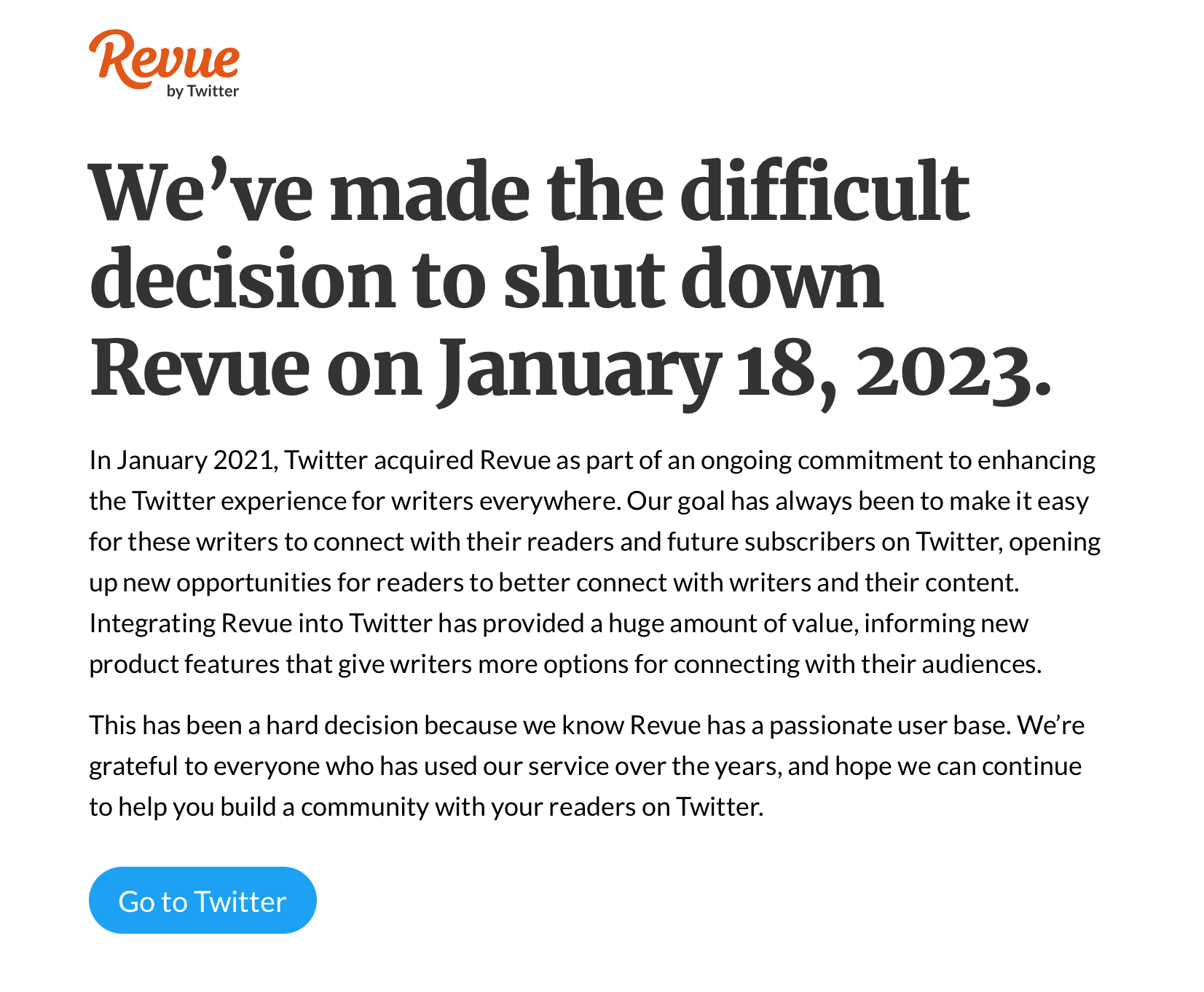 The landing page for the shuttered Revue newsletter service. 