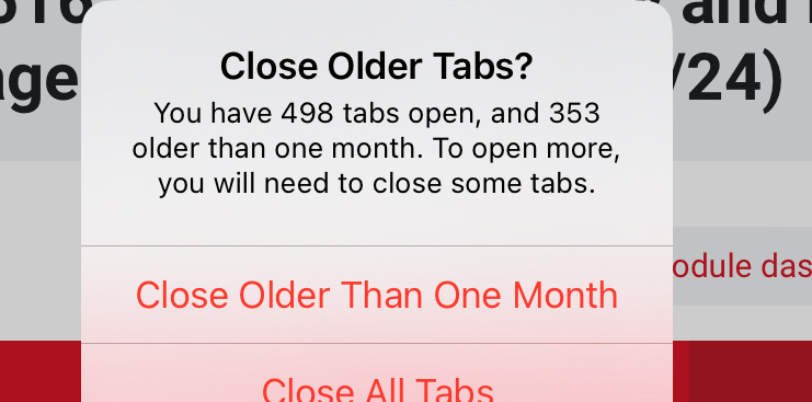 An iPad warning that I have too many tabs open. 