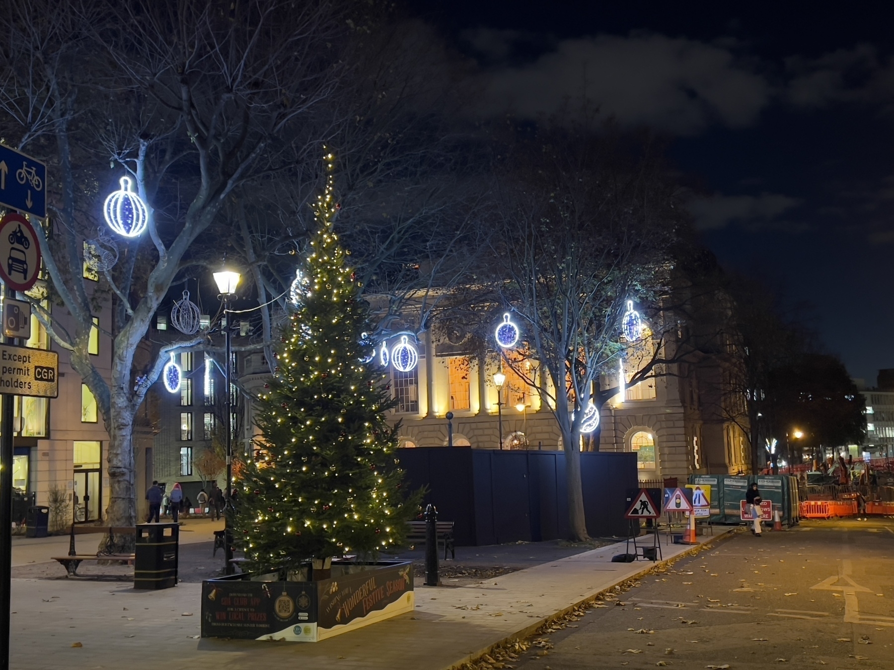 Christmas decorations on Clerkenwell Green in London. 