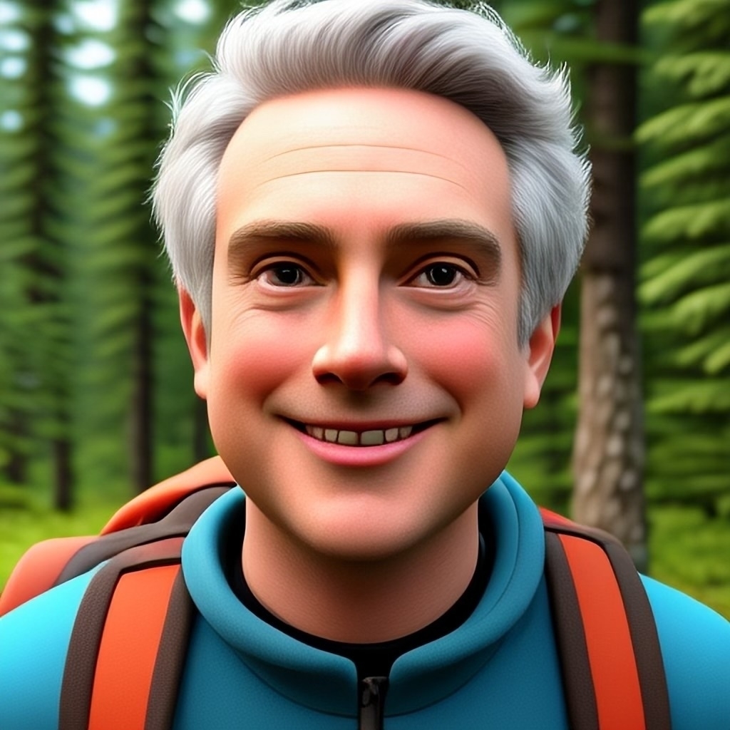 A smiling animated character with gray hair wears a blue jacket and carries a backpack in a forest setting.