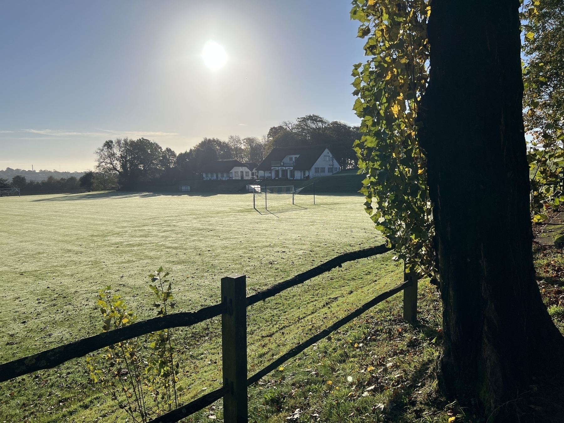 A peaceful morning scene features a sunlit, dew-covered field with a distant pavilion and a goal post, bordered by a fence and trees.