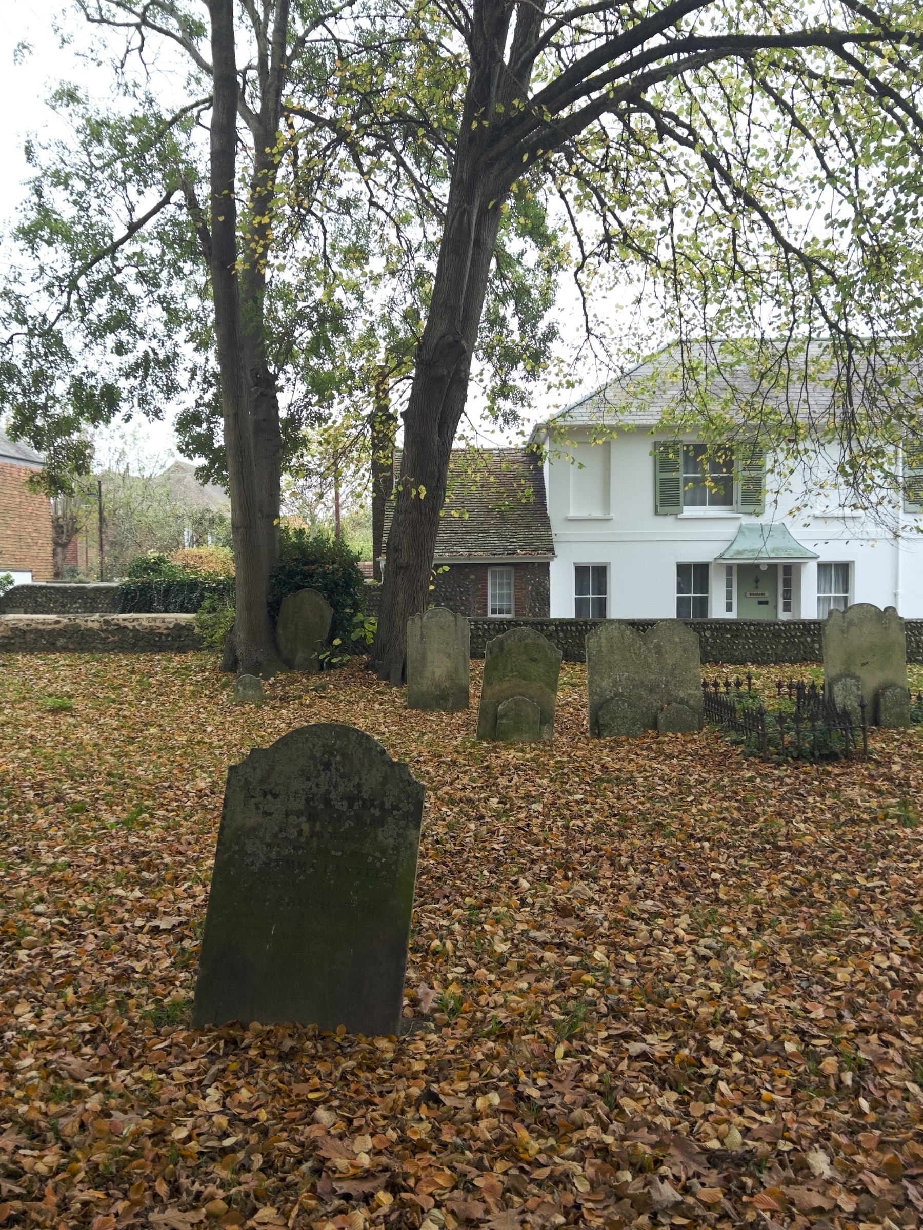 A cemetery with old gravestones is surrounded by autumn leaves and trees near a white house.