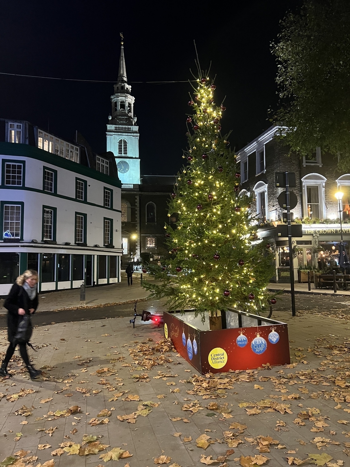 A Christmas tree adorned with lights stands in a town square with fallen autumn leaves, set against a backdrop of historic buildings at night.