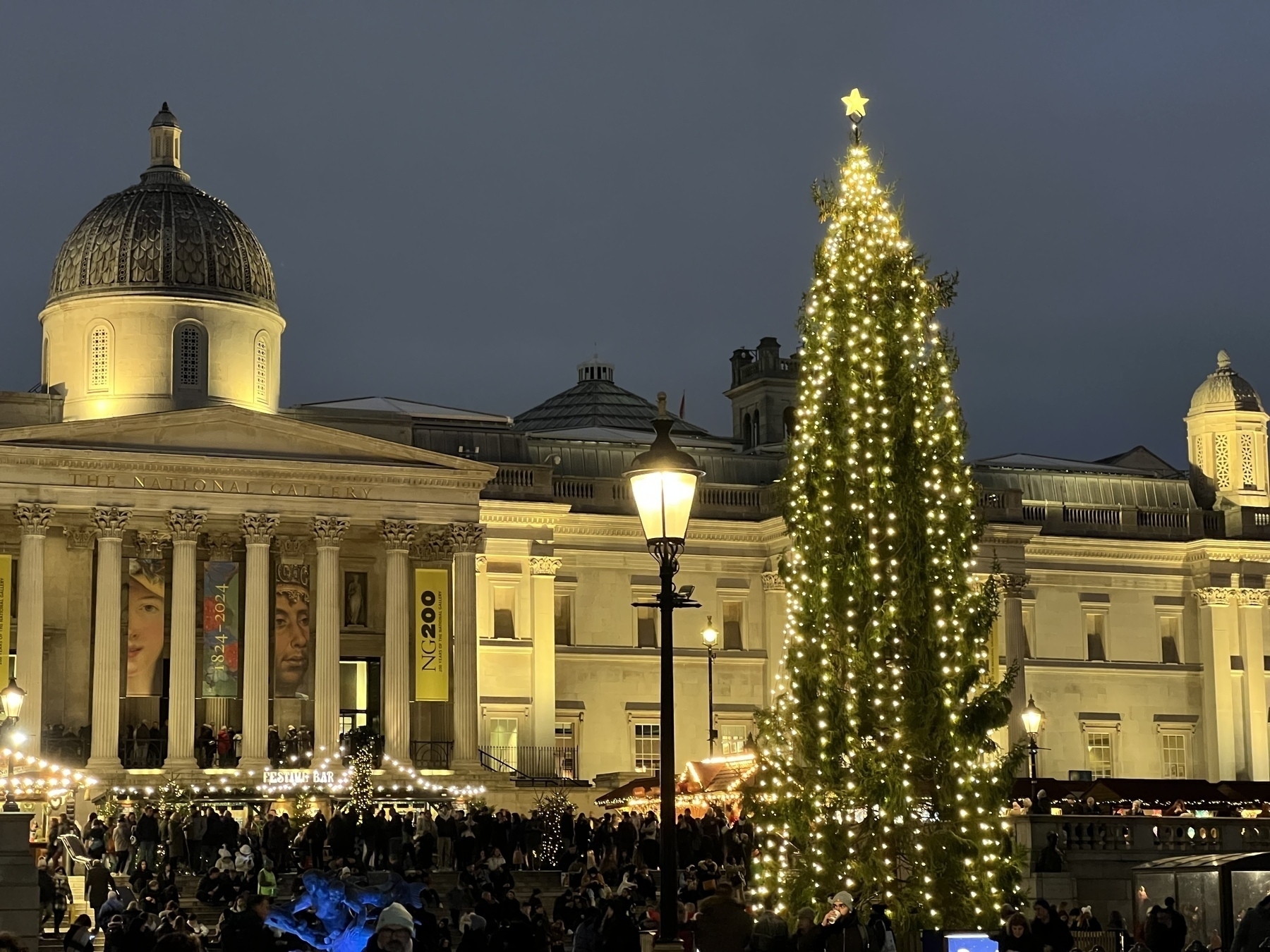 A large Christmas tree adorned with lights stands in a bustling square in front of a grand, illuminated building at night.