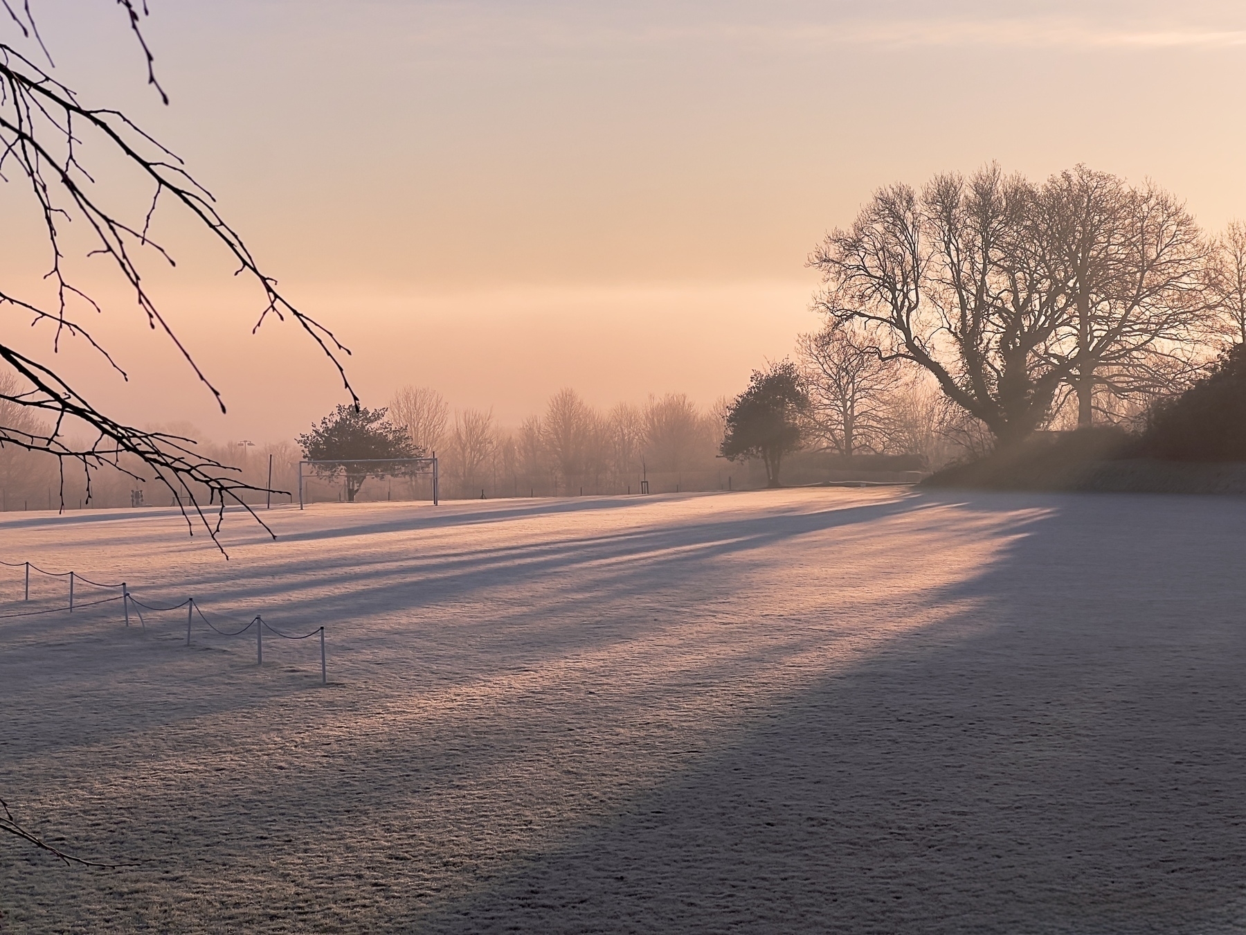 A frosty landscape with long shadows cast by trees during a hazy sunrise.