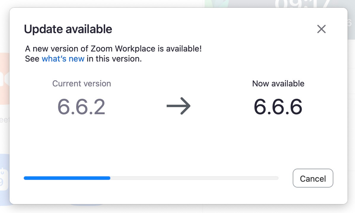 An update notification for Zoom Workplace informs users about a new version, updating from 6.6.2 to 6.6.6, with options to see what's new or cancel.