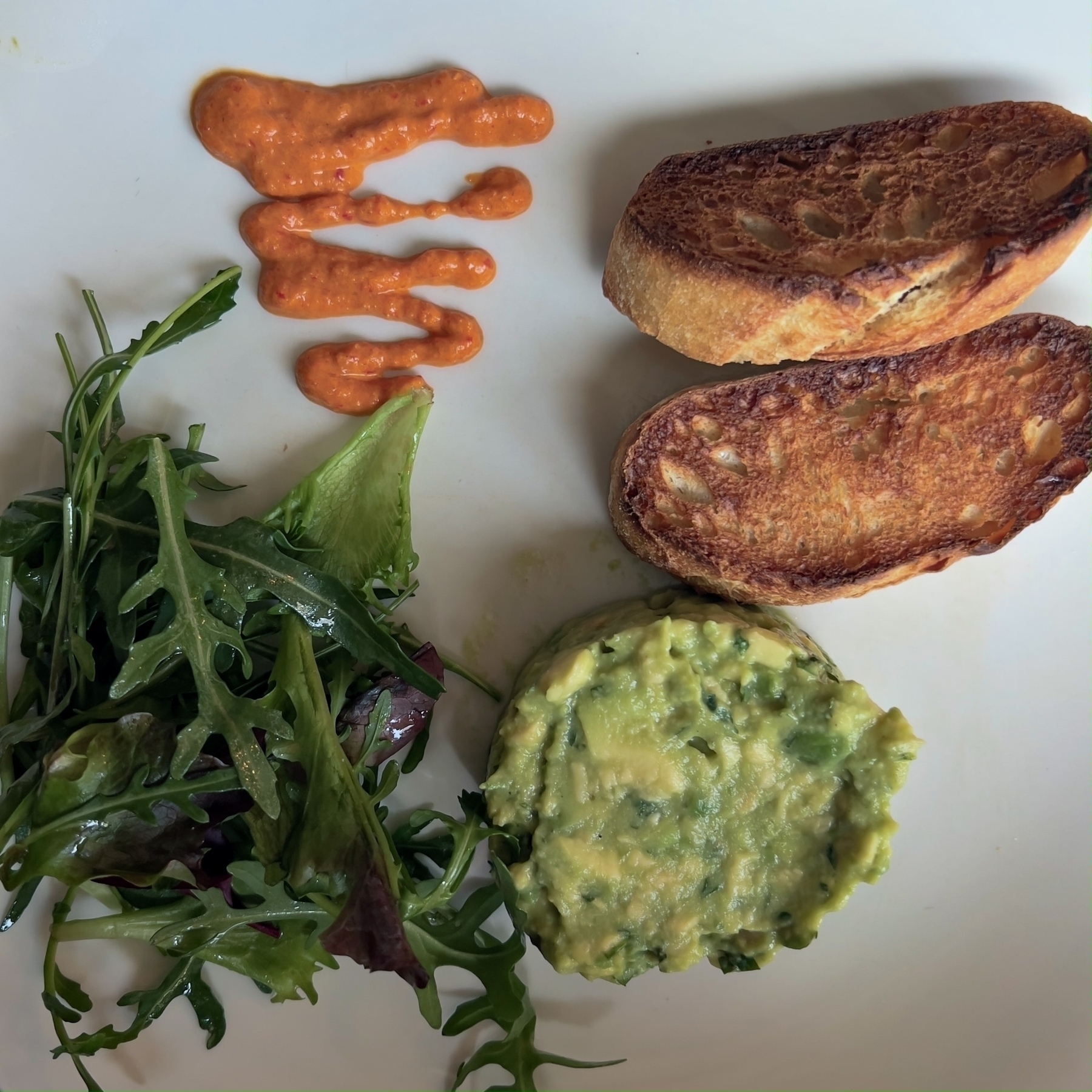 A plate features two slices of toasted bread, a dollop of avocado mixture, a small salad with greens, and a streak of red sauce.