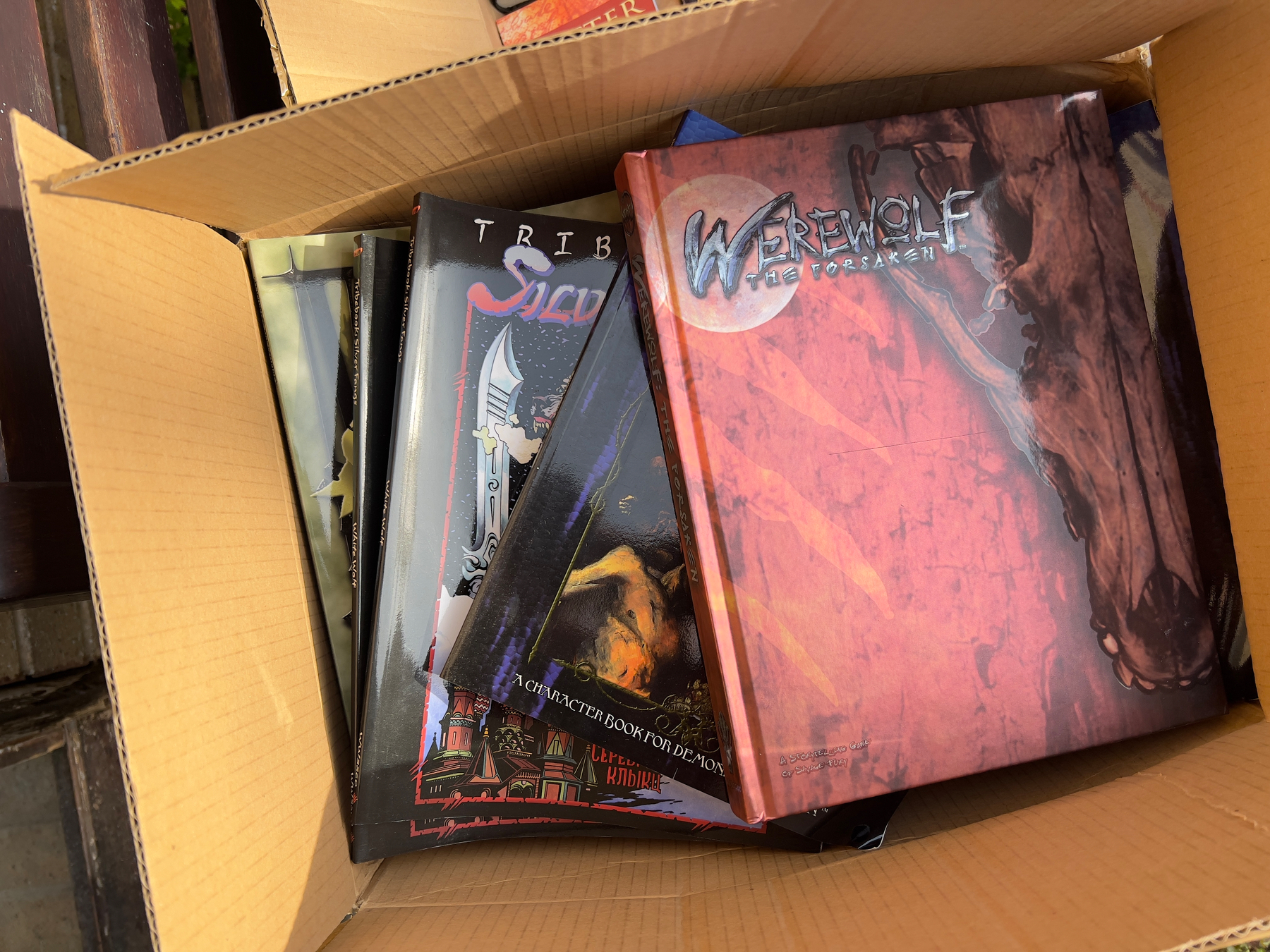 A cardboard box contains various hardcover role-playing game books, including one with the title Werewolf: The Apocalypse.
