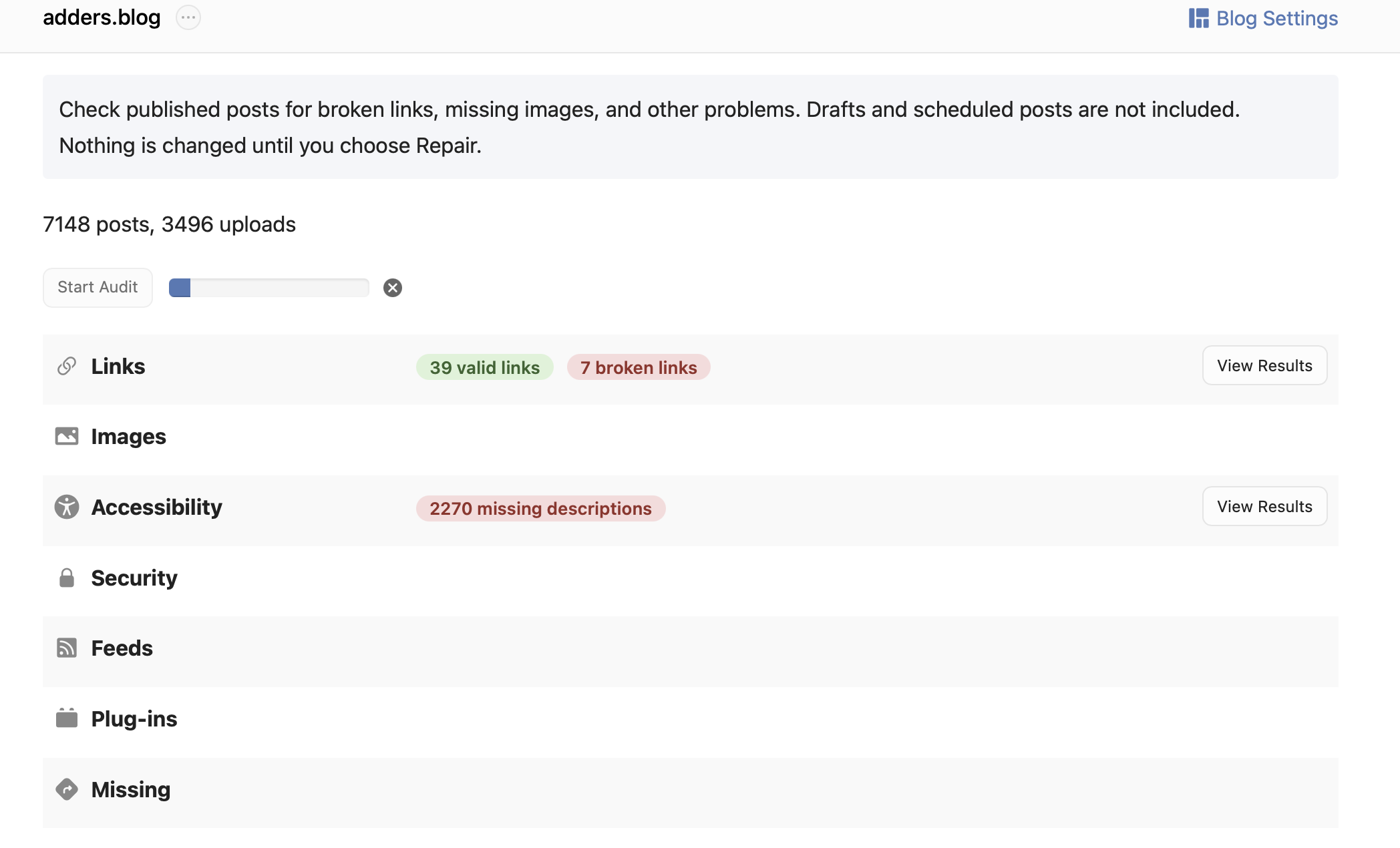 The dashboard displays an audit summary for a blog with information on valid and broken links, missing image descriptions, and other website issues.
