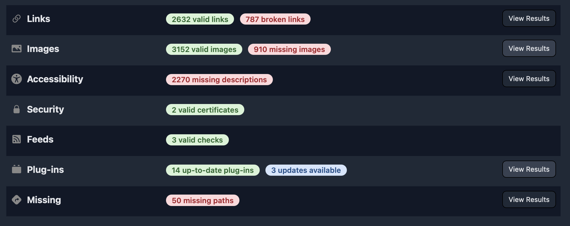 A website audit summary displays the status of links, images, accessibility, security, feeds, plug-ins, and missing paths with color-coded counts and buttons to view results or updates.