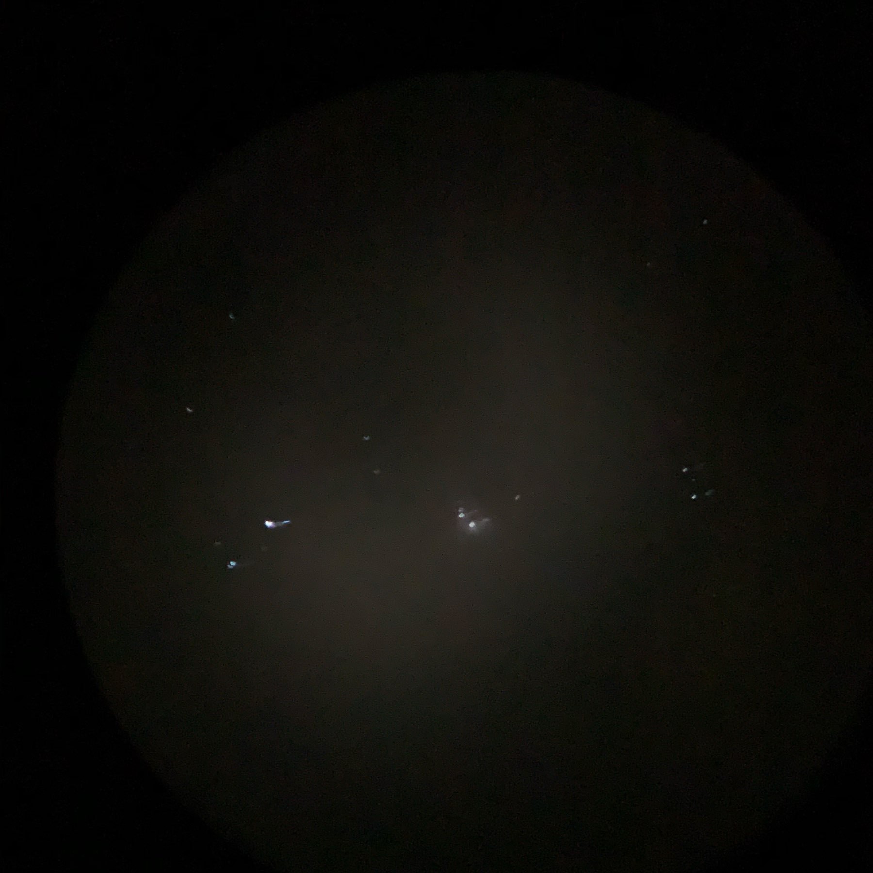 wide field photo of great nebula in orion through 130mm newtonian reflector; gas and dust barely visible around three stars in center